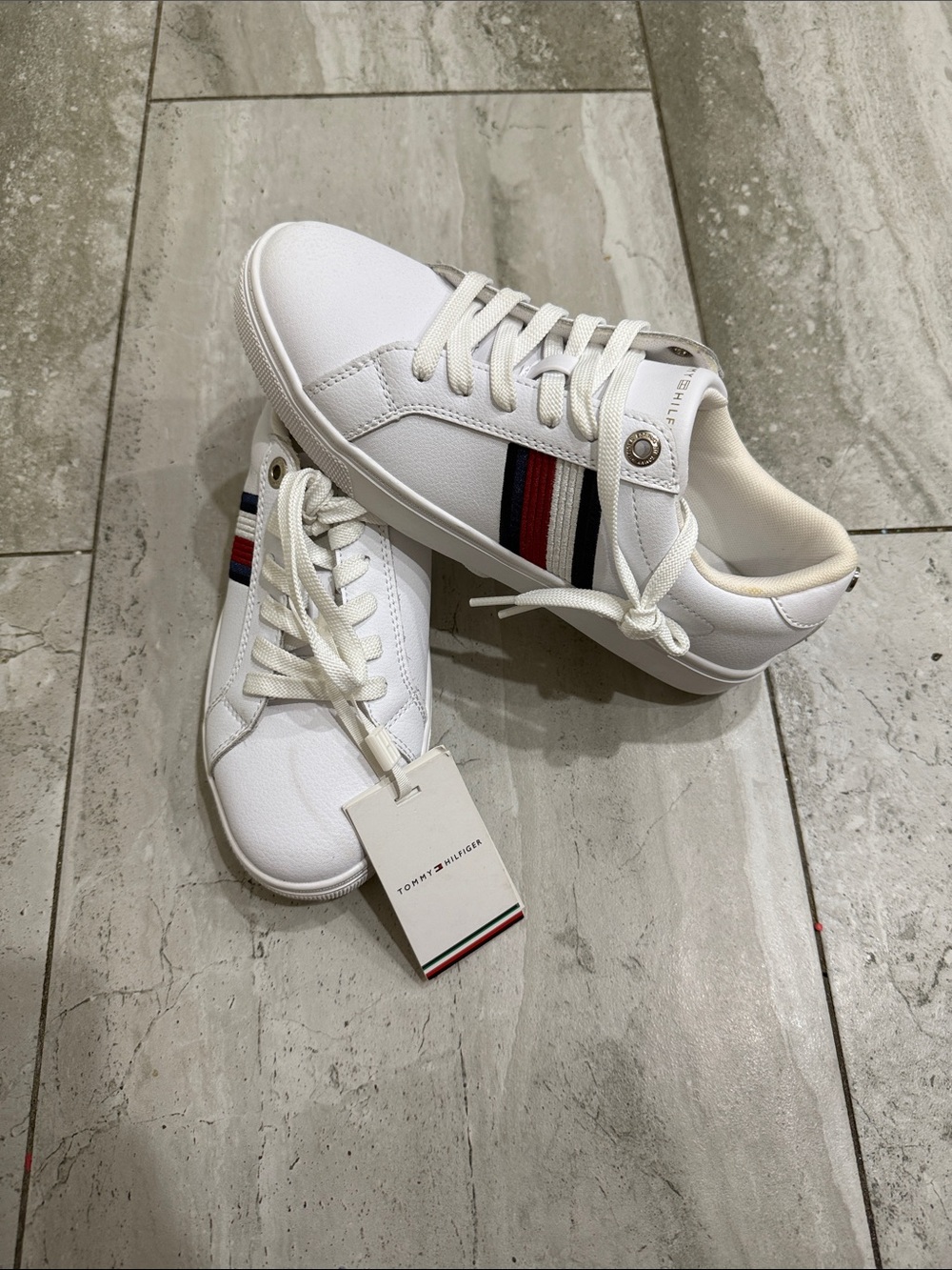 Tommy Hilfiger White Sneakers with Red & Navy Side Stripes